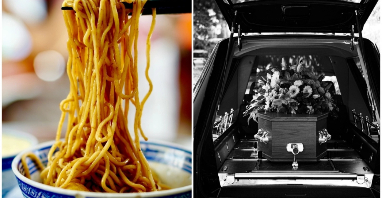 Κάνουν ουρές για noodles σε γραφείο τελετών Κάνουν ουρές για noodles σε γραφείο τελετών