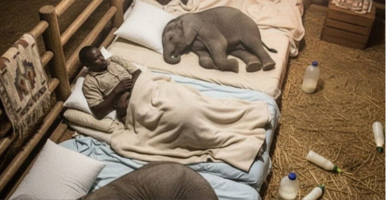 Τα ορφανά ελεφαντάκια του Ναϊρόμπι κοιμούνται με τους φροντιστές τους